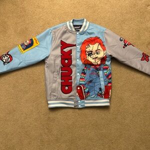 Chucky x Reason Varsity Jacket Mens Large Blue Horror Movie Tiffany Love Hurts